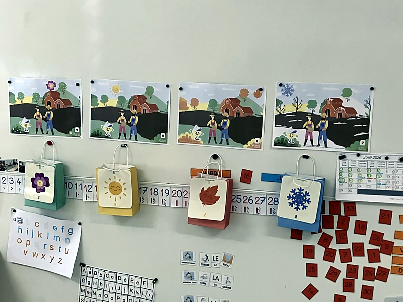 Les quatre affiches des saisons et les pochettes de la classe, affichées au mur.