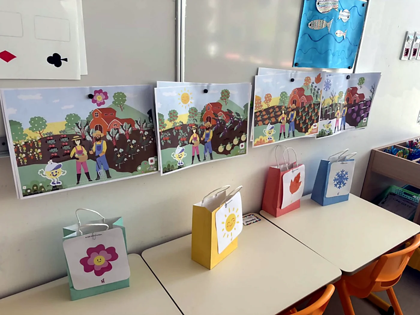 Les pochettes printemps, été, automne et hiver posées sur les tables de la classe.