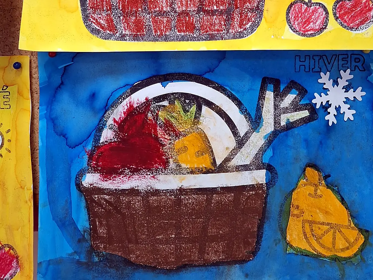 Le coloriage du panier de l’hiver terminé par un élève, à la peinture et au crayon.