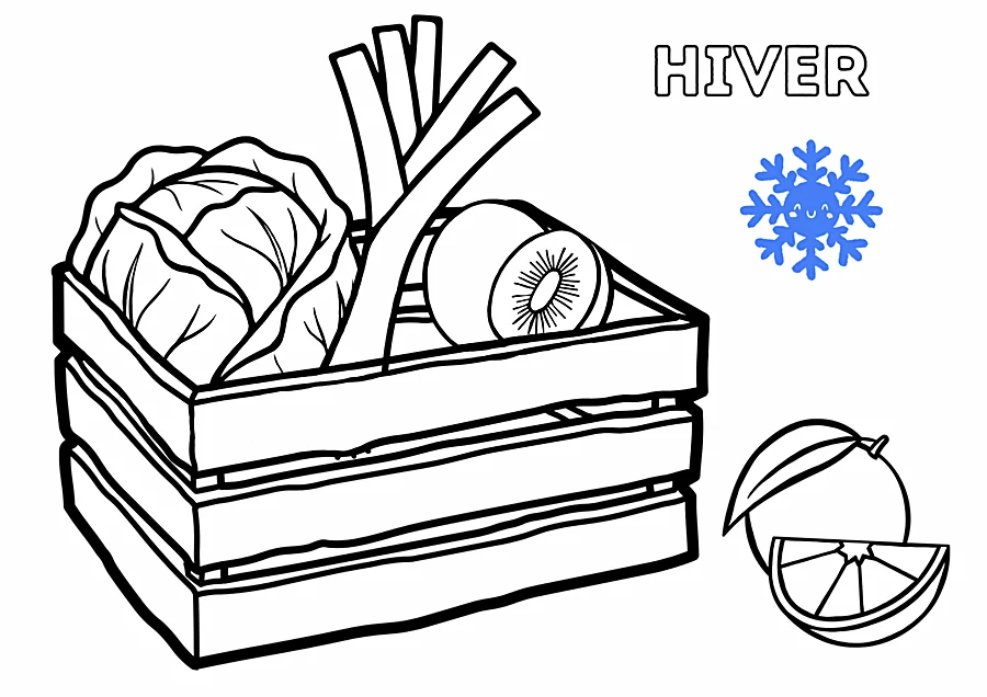 Coloriage d’hiver : une cagette de fruits et légumes de saison
