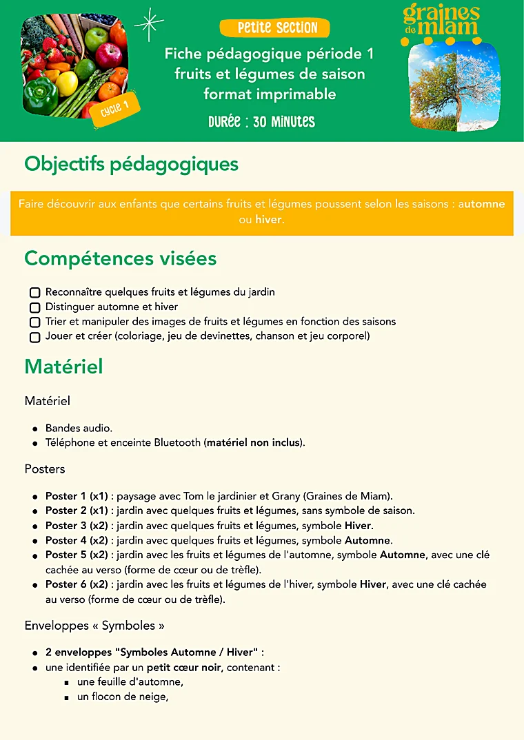 Fiche pédagogique : le déroulé de la séance fruits et légumes de saison, pour la petite section